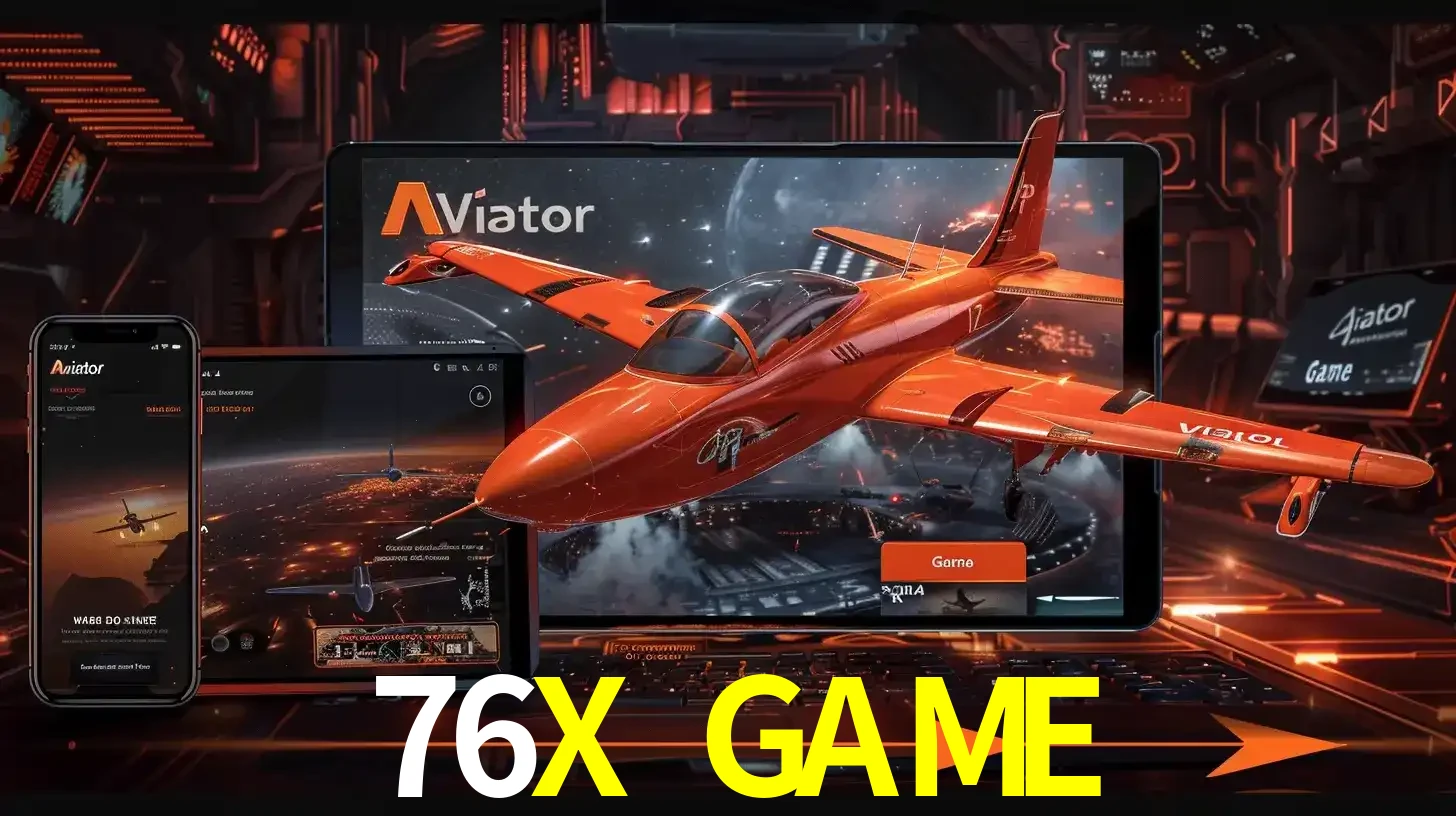 Apresentação tecnológica do jogo Aviator com um avião saindo da tela de um tablet, demonstrando a experiência imersiva em múltiplos dispositivos no 76X GAME.