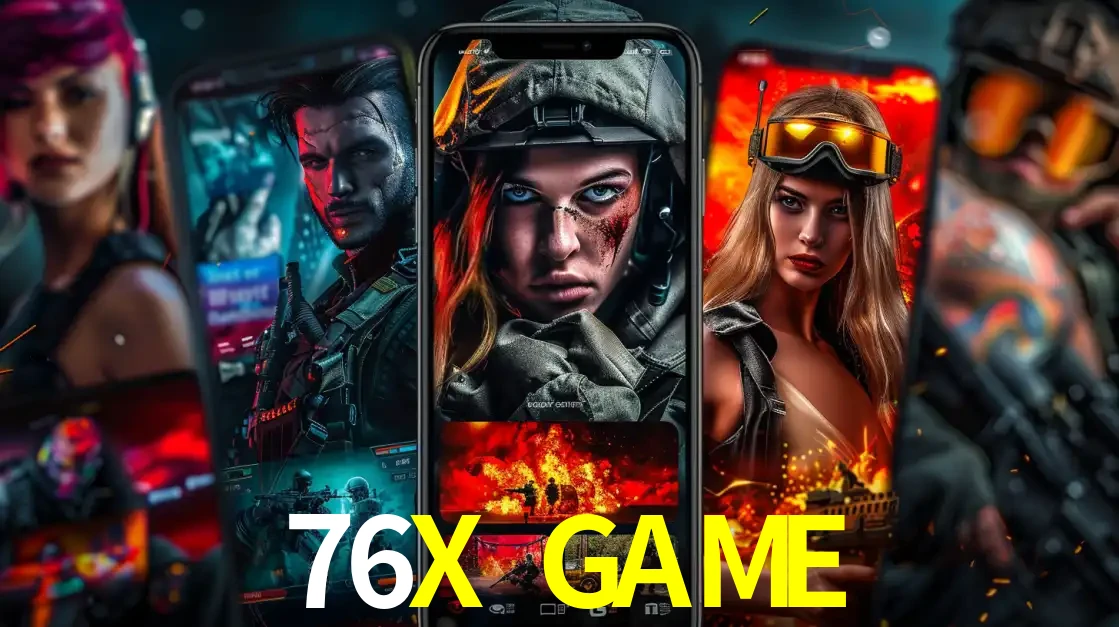 Montagem de telas de celular mostrando diversos personagens, masculinos e femininos, de um jogo de tiro, ilustrando a diversidade de equipes de e-sports para apostar no 76X GAME.