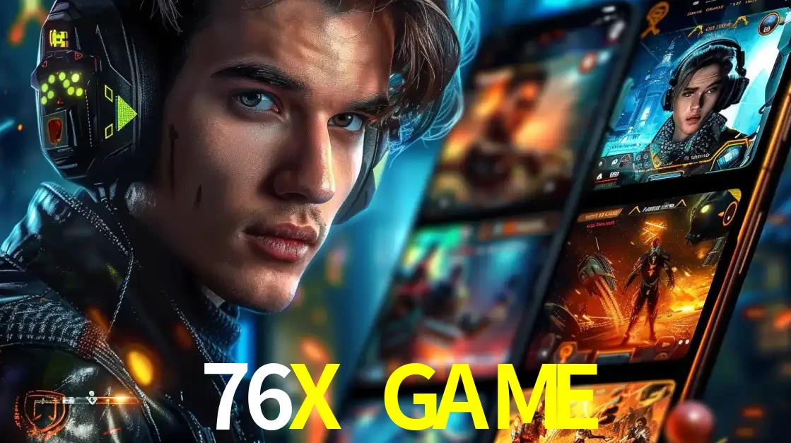 Jovem jogador com fones de ouvido olhando para a câmera, com um aplicativo de jogos e e-sports para celular ao fundo, pronto para a competição e apostas no 76X GAME.