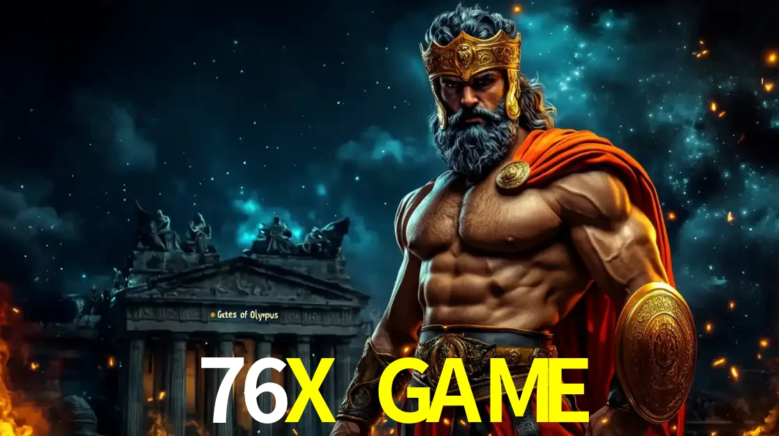 O poderoso Zeus do jogo de slot Gates of Olympus em frente ao seu templo, pronto para lançar multiplicadores divinos e prêmios épicos no cassino online 76X GAME.