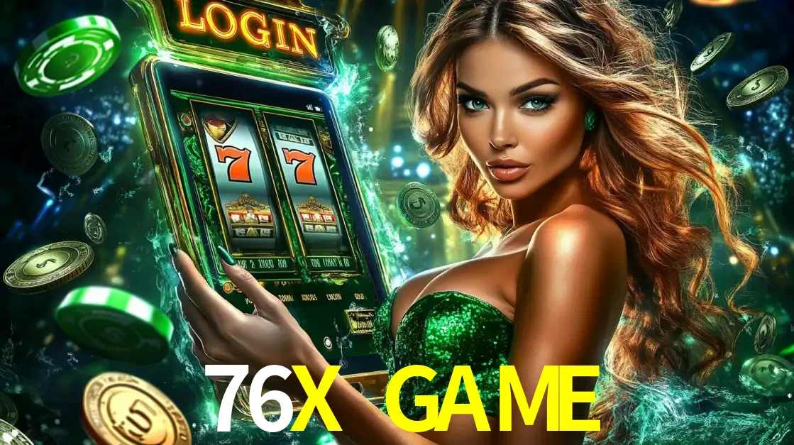 Mulher com tema verde apresentando o aplicativo do cassino 76X GAME com um jogo de slot de 777, cercada por fichas de cassino e uma aura de sorte.