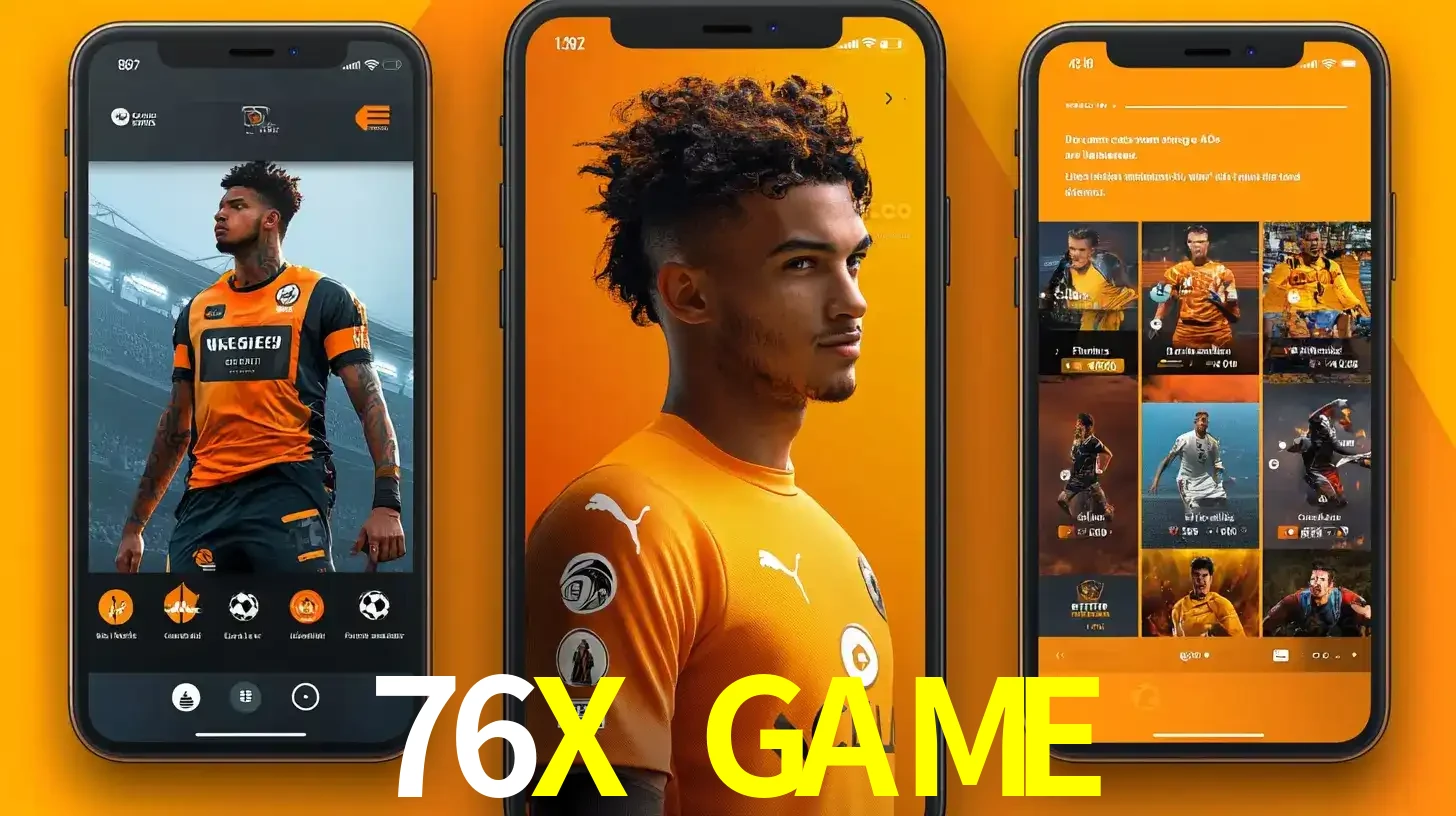 Interface do aplicativo de apostas esportivas 76X GAME em três telas de celular, mostrando o perfil de um jogador de futebol e a lista de jogos disponíveis para apostar.