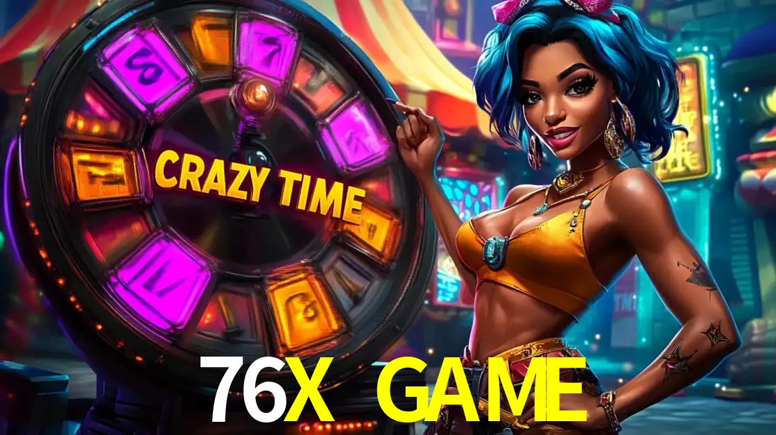 Mulher estilizada com cabelo azul e visual vibrante posando ao lado da roda de prêmios do game show Crazy Time, convidando para a diversão e os bônus do cassino 76X GAME.