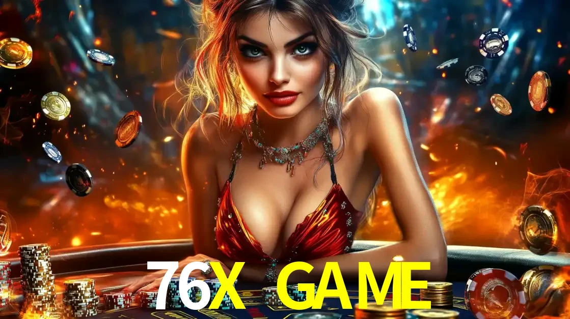 Mulher em uma mesa de cassino com pilhas de fichas e um fundo de fogo, pronta para uma rodada de altas apostas nos jogos de mesa emocionantes do cassino 76X GAME.