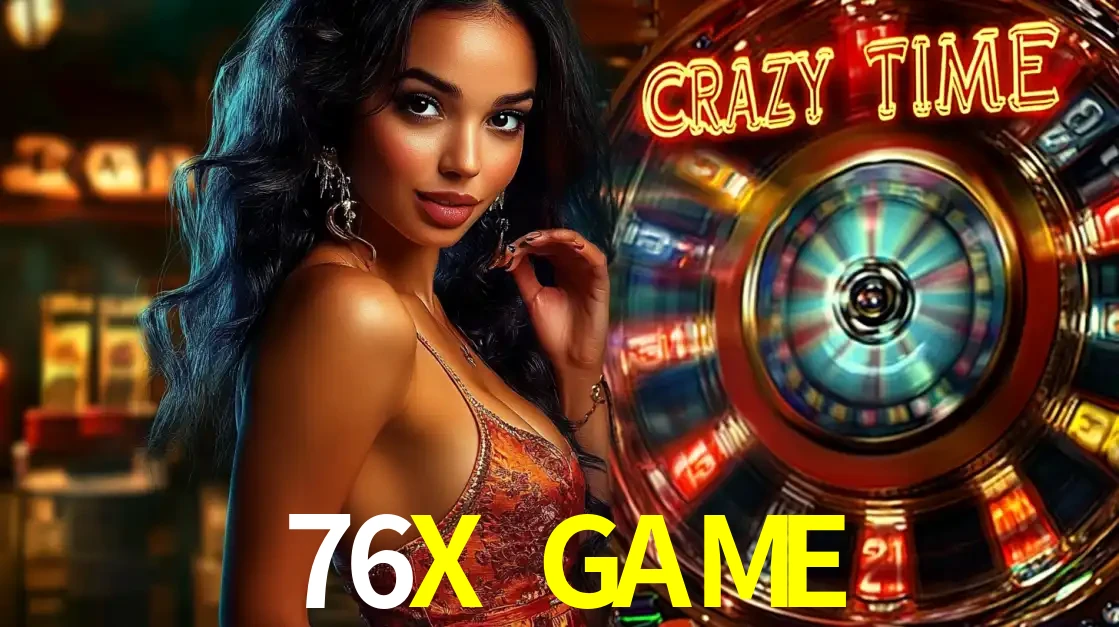 Mulher elegante ao lado da vibrante roda da fortuna do jogo de cassino ao vivo Crazy Time, um dos game shows mais populares e cheios de prêmios do 76X GAME.