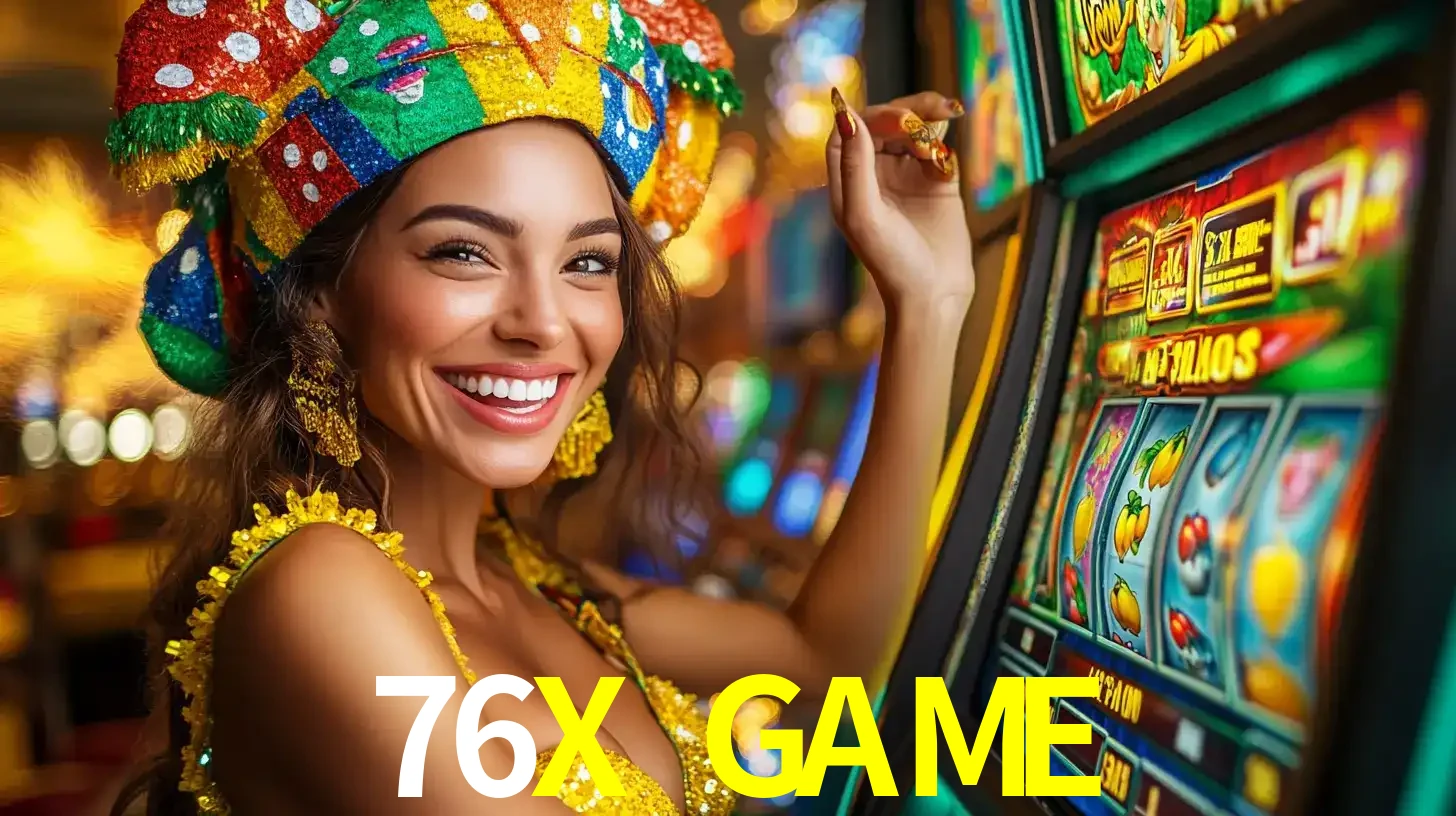 Mulher feliz com traje de carnaval amarelo e colorido ao lado de uma máquina de caça-níqueis, aproveitando a diversão e os jogos temáticos do cassino 76X GAME.