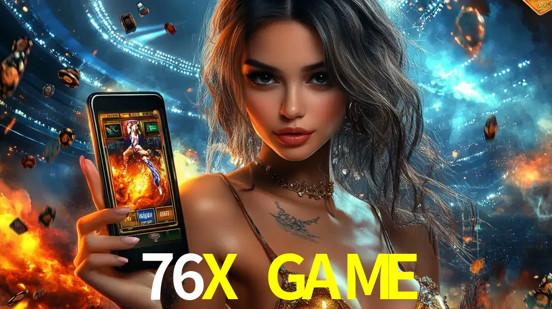 Mulher segurando um celular com um jogo de slot em destaque, tendo como fundo um estádio vibrante, simbolizando a emoção de jogar no cassino móvel 76X GAME.
